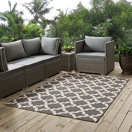 Modway Cerelia Moroccan Trellis 9x12 Indoor and Outdoor Area Rug in Gray and Beige