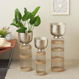 Deco 79 Metal Indoor Planter Textured Dome Large Planter Pot with Woven Seagrass and Caged Rod Pedestal Base, Set of 3 Planters 32", 27", 24" H, Silver