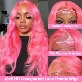 GHYK Pink 13x6 Lace Front Wigs Human Hair 200 Density HD Wear and Go Glueless Body Wave Lace Front Wigs Human Hair Pre Plucked Pre Cut Frontal Body Wave Wig for Women 30 Inch