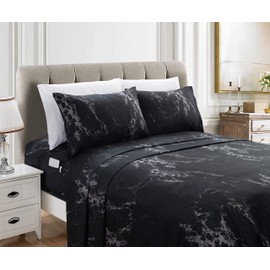 Elegant Comfort Luxury Soft Bed Sheets Marble Pattern - 1500 Premium Hotel Quality Microfiber Softness Wrinkle and Fade Resistant (6-Piece) Bedding Set, Full, Black