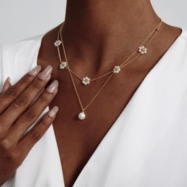 Luxval Layered Gold Pearl Necklaces Dainty Layered Simple Pearls Choker Chain Cute Daisy Pearl Choker Necklace Set Flower Necklaces for Women Trendy Wedding Jewelry Gifts