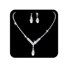 Generic Adzoni Bride Silver Bridal Necklace Earrings Set Crystal Wedding Jewelry Set Rhinestone Choker Necklace Prom Party Jewelry Accessories for Women