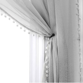 MISS SELECTEX Linen Look Pom Pom Tasseled Sheer Curtains - Rod Pocket Voile Semi-Sheer Curtains for Living and Bedroom, Set of 2 Curtain Panels (52 x 84 inch, Grey)
