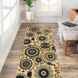 Custom Size Beige Floral Medallion Rubber Backed Non-Slip Hallway Stair Runner Rug Carpet 31 inch Wide Choose Your Length 31in X 4ft