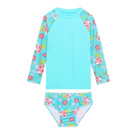 Swimsuits for Girls 7-8 Years Old Long Sleeve Swimwear Mint Floral Bathing Suits with Sun Protection