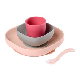 BEABA Vajilla de silicona de 4 piezas - Juego de platos para bebés 100% silicona, cuencos para bebés - Incluye plato para bebés, cuenco para bebés, taza para bebés, cuchara de silicona de 2ª etapa, (rosa)
