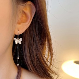 Yheakne Vintage Crystal Butterfly Drop Earrings Long Ball Chain Tassel Earrings Rhinestone Butterfly Chain Earrings Silver CZ Butterfly Dangle Hook Earrings Jewellery For Women, Zinc