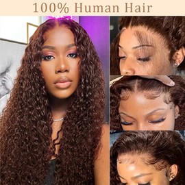 Pinketer Chocolate Deep Wave Lace Front Wigs Human Hair Colored 13x4 Middle Brown Lace Frontal Wig 180% Density Brazilian Human Hair Wigs for Black Women Natural Hairline (#4 Color, 22inch)