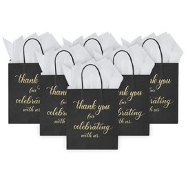 DjinnGlory 50 Pack Medium Sized Black Welcome Gift Bags with Tissue Paper 10x8x4 Inch, Thank You for Celebrating with Us Bags with Handles for Wedding Graduation Bridal Shower Party Favors Goodies