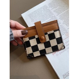 Women's Colorblock Plaid Pattern Short Wallet, Casual Pu Leather Zipper Card Holder, Trendy All-match Wallet for Daily Use, Fall Freshness, 80s Fashion Pop Wallet, Girlfriend Gifts:_Dark Brown_Please Refer To The Pictures for Dimensions