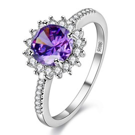 Uloveido Platinum Plated Sunflower Design Ring with Big Round Cubic Zirconia Stone Birthstone Rings for Women Y3522 (Purple, Size L)