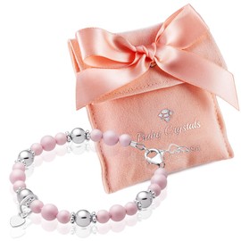 Baby Crystals Sterling Silver Heart Charm Pearl Bracelet for Girls -High end Simulated Pastel Rose Simulated European Pearls