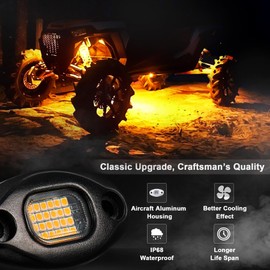 Amber Rock Lights, 4 PCS 24LEDs Rock Lights for Trucks UTV ATV RZR, Underglow Light Kit with 15FT Wiring Harness