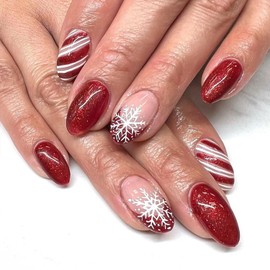 Red Christmas Press On Nails Short Oval Shiny Glitter Snowflake Designs -Fake Nails Red Fit & Natural Soft Gel Press on Nails Xmas Full Cover Stick on Nails Acrylic Winter Artificial Nails for Women