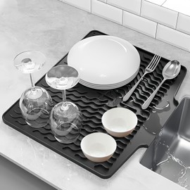 Silicone Dish Drying Mat for Kitchen Counter, Non-Slip Dish Drainer Mat with Built-in Drain, Dish Drying Tray for Countertop, Dish Drain Board for Kitchen Sink (Black, 16''X13'')