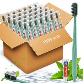 HOFASON 100 PCS Disposable Toothbrushes with 5g Toothpaste Bulk Green Individually Wrapped Guest Bathroom Essential, Travel Size Toiletries Toothbrush Set for Homeless, Nursing Home, Shelter, Charity