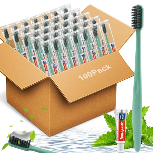 HOFASON 100 PCS Disposable Toothbrushes with 5g Toothpaste Bulk Green