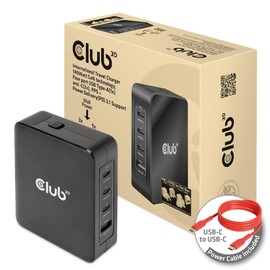 Club 3D CAC-1917 Travel Charger 140W GaN Technology, USB Type-A (1x) and Type C (3X), PPS + Power Delivery (PD) 3.1 Support