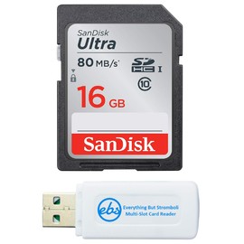 SanDisk Ultra SDHC 16GB SD Card for Nikon Compact Camera Works with P950, W150, B600, A1000 Class 10 (SDSDUNR-016G-GN6IN) Bundle with (1) Everything But Stromboli SD & Micro Memory Card Reader