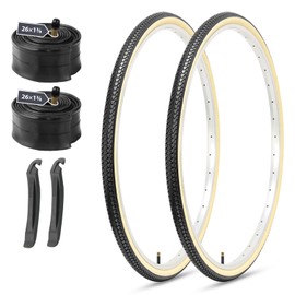 MOHEGIA 26 Inch Bike Tires Set: 2-Pack 26X1 3/8 Inch (37-590 mm) Folding Replacement Tires and Pair 26X1 3/8 Inch Inner Tubes Schrader Valve with Tire Levers, for Vintage Urban Bicycle-Skin Color