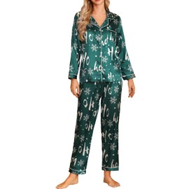 Senert Matching Christmas Pjs Silk Pajamas Women's Long Sleeve Sleepwear Satin Soft Button Down Loungewear Pjs Set Green Snowflake,X-Large