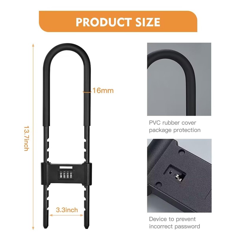 Long Shackle Padlock -U-Lock-Bike Combo U-Lock - Four-Position Combination Padlock