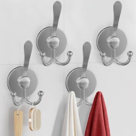 Suction Cup Hooks, Vacuum Power Heavy Duty Shower Hooks for Inside Shower, No Drill Towel Hooks for Bathroom Wall, Kitchen, Glass, Mirror, Tile to Hang Towels, Robes, Loofah, Silver (4 Pack)