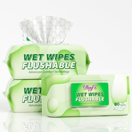 DAFI Flushable Wipes for Adult Wet Wipes, Total 240 Unscented Toilet Wipes Flushable, No Alcohol & 100% Plant Based Fibers, Septic and Sewer Safe Pack of 3