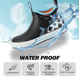 Showave Women's 6 Inch Ankle Deck Boots Waterproof Rain Footwear Rubber Mud Boots for Fishing Gardening Farming, Cow Print,Size 7