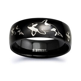 Black Plated Stainless Steel Ring with Engraved Orca Killer Whale Design size 10