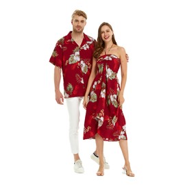 Matchable Couple Hawaiian Luau Shirt in Pineapple Garden Burgundy, Men XL