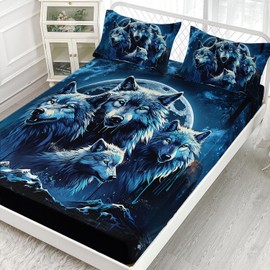 AILONEN Wolf Fitted Sheet Set Full Size,Nigh Forest Sky Starry Wolf Bed Sheet Set Set,Animal Wolf Head Print Sheet Set 3 Pieces, 1 Fitted Sheet and 2 Pillowcases