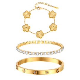 Gold Women Bangle Tennis Bracelet - Stainless Steel Flower Gold Plated Girls Bangle, Dainty 4mm Cubic Zirconia Classic Tennis Bracelets, 17cm Jewelry Set Gift for Mother Best Friends(3PC)
