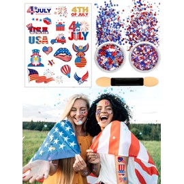 80PC 4th of July Temporary Tattoos & Red White Blue Glitter Set - Patriotic Accessories Kit for USA Independence Day, Fourth of July Parties, Face & Body Art - Stars & Stripes Celebration Supplies