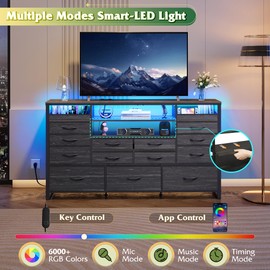 WLIVE Black TV Stand for 55, 60, 65 inch TV, Entertainment Center with LED Lights & Charging Station, TV Media Console Table with 15 Fabric Drawers and Open Shelves for Living Room, Hallway, Wood Top