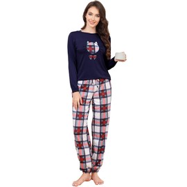 Women's Pajama Set,Pajamas Comfortable Stylish Cat Cartoon Printed Nightwear Pajamas Homewear Nightwear Long Sleeve Pyjamas Soft Cotton with Polka Dot Pajama Bottoms Loungewear Sleepwear for Ladies