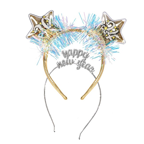Dusenly 2pcs Happy New Year Hair Hoop Headdress 2024 Headband Tiara and Silver Rhinestone Sparkly New Year Tiara Headband Cute Pentagram Hair Hoops New Year's Eve Party Hair Accessories Supplies