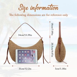 OPLERT Straw Shoulder Bag for Women Raffia Woven Tote Handbag Summer Beach Handbag Trendy Crescent Bag, brown