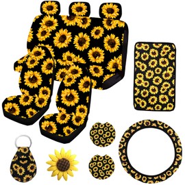 Ldntly 12PCS Sunflower Front and Rear Bench Seat Cover Full Set,Car Accessories Sunflower Gifts for Women,Steering Wheel Cover,Armrest Cover,Vent,Coaster,Universal for Auto Truck SUV