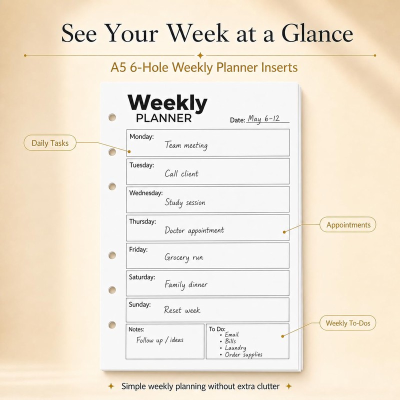 A5 Weekly Planner Inserts, Undated 6-Hole Refill Pages with Monday-Sunday