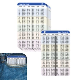 6 PCS Card Size Tip Card for Wallet 15 and 20 Percent Tip Calculator Card 2.1 x 3.3 inch Durable Wallet Card for Restaurant Delivery Hotel Waitress $1 to $100 with 15% and 20%