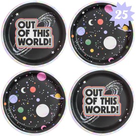 xo, Fetti Space Out Of This World Paper Plates, Iridescent Foil | 24 pcs 9" | Kids Decorations, Outer Space Party Setting, Birthday Decor, Alien Planet Tablescape, Galaxy Table Decor