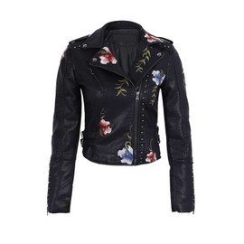 YILANUOYI Women's Embroidered Studded Faux Leather Jacket Moto Punk Jacket Floral Coat (S, XHPY Black)