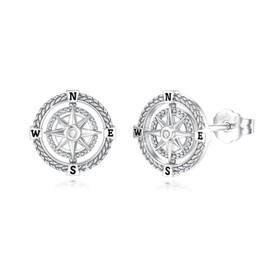 YueYuan Compass Stud Earrings 925 Sterling Silver Compass Earrings Compass Jewellery Simple Earrings for Women