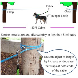Dog Tie Out Cable for Camping, Dog Trolley System and 4ft Bungee Leash for Dogs Up to 400lbs, Suitable for Camping, Yard and Outdoor Events (Blue 2dogs, 100Ft)