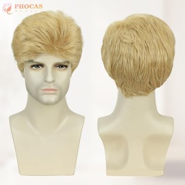 PHOCAS Short Blonde Mens Wig Realistic Natural Synthetic Light Blond Wigs with Bangs Layered Fluffy Straight Hair Wigs for Men Daily Party Use
