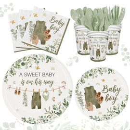 Whaline 175Pcs Boy Baby Shower Party Supplies Kit Serves 25 Green Eucalyptus Baby Cloth Pattern 9 & 7 Inch Paper Plates Cups Napkins Forks Knives Spoons for Baby Shower Birthday Gender Reveal