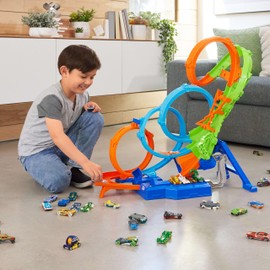 Hot Wheels Track Set with 4 Loops, 3-Way Crash Zone & Motorized Booster, Folds for Storage, with 1:64 Scale Toy Car