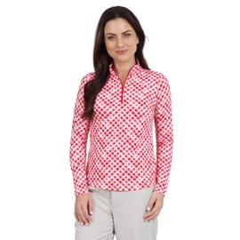 IBKUL Athleisure Wear Sun Protective UPF 50+ Icefil Cooling Gingham Check Print Long Sleeve Mock Neck Top – 10876 Red/White Gingham Check L