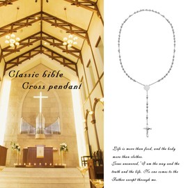 Stainless Steel 6mm Beads Jesus Bible Rosary Necklace,Cupimatch Women Men Vintage Christ Catholic Crucifix Cross Pendant Chain (Silver 6mm)